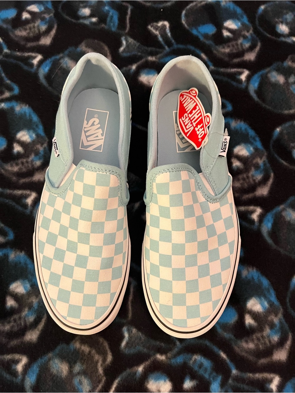 Vans Ladies Blue and White Checkered Slip On Shoes